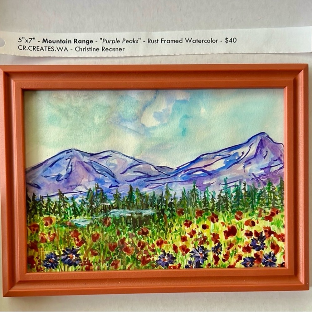Mountain Range Watercolor in Rust Frame